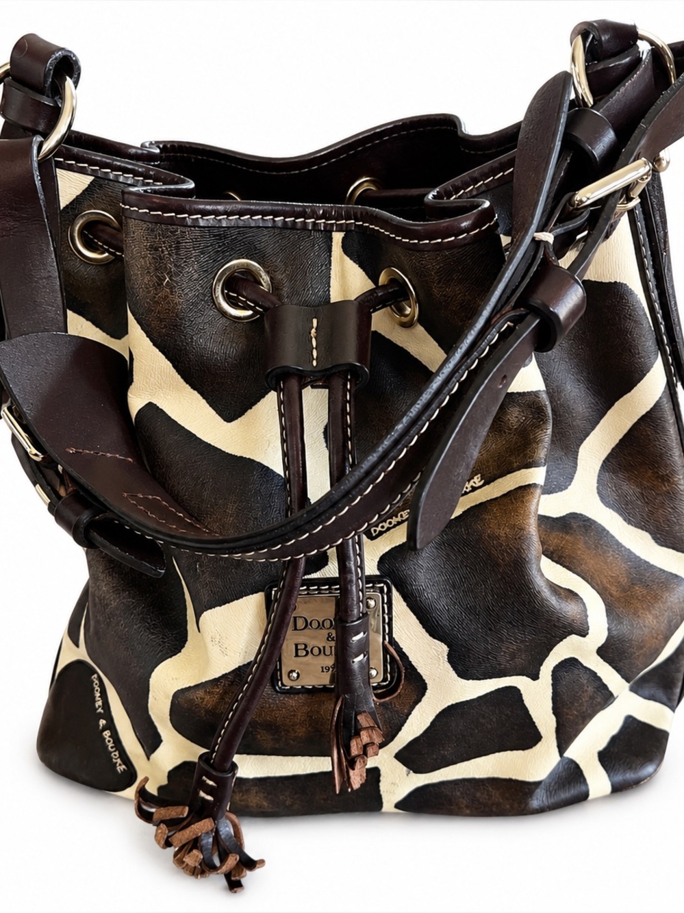 Dooney & Bourke Serengeti Giraffe Drawstring Leather Bucket Bag